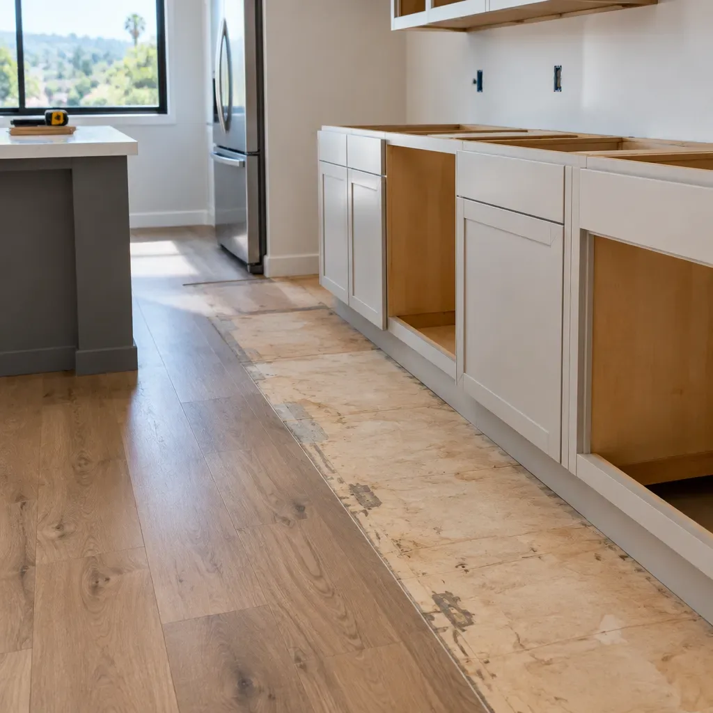 What Happens When Existing Kitchen Flooring Does Not Extend Under New Cabinets Near Fallbrook Ave in West Hills?