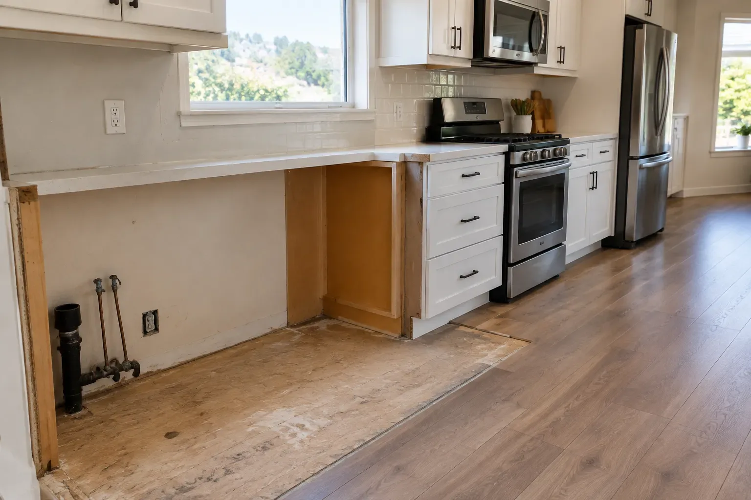 Eye-level wide view of a kitchen with a long section of lower cabinets removed, exposing unfinished subfloor and a visible flooring edge beside the remaining cabinets, range, dishwasher, and refrigerator.