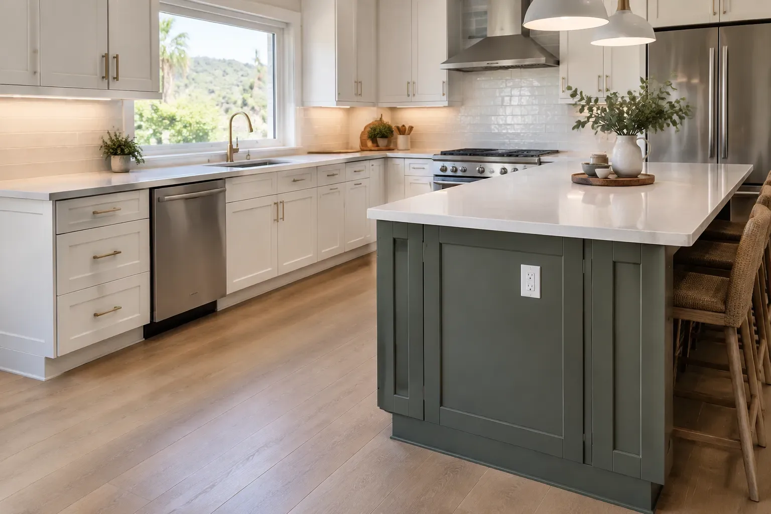 Finished kitchen with white perimeter cabinets, a dark paneled island, light countertops, stainless appliances, pendant lights, and wood-look flooring extending through the visible walking areas.
