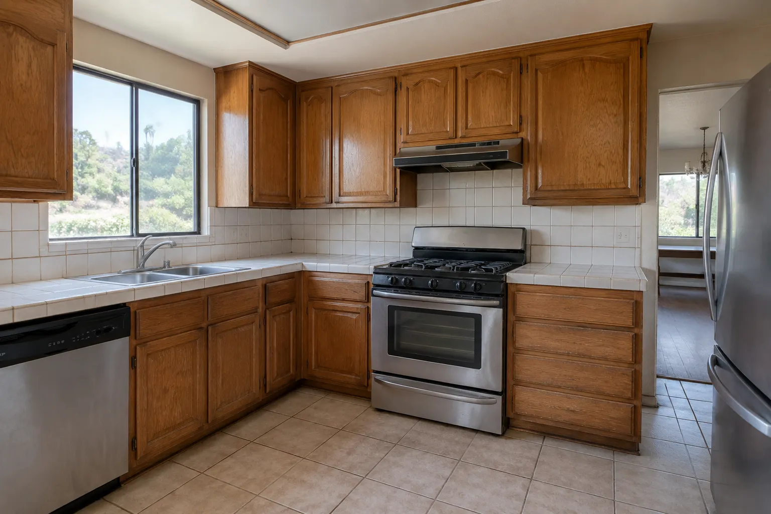 Eye-level wide view of an existing kitchen with dark wood cabinets, upper and lower storage, a sink beneath a window, dishwasher, gas range, refrigerator, tile backsplash, and tiled floor.