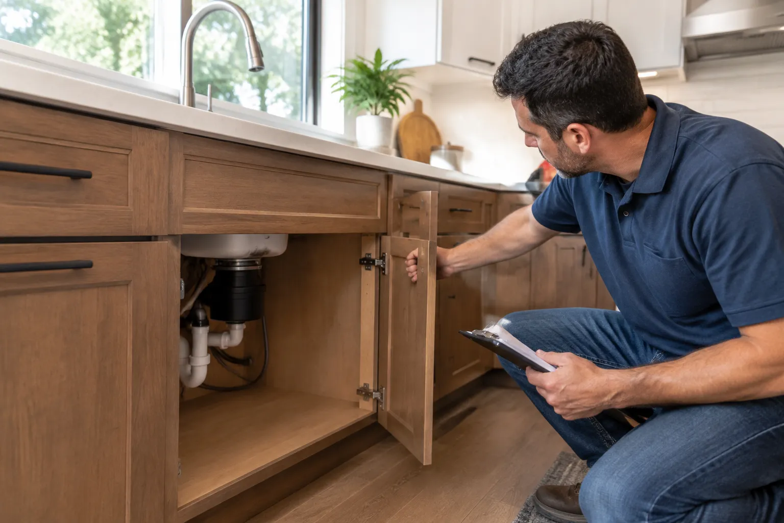 A professional kneels beside an installed wood kitchen cabinet, inspecting the open cabinet interior and under-sink plumbing with a tablet nearby; the sink, faucet, countertop, and surrounding cabinetry are visible.