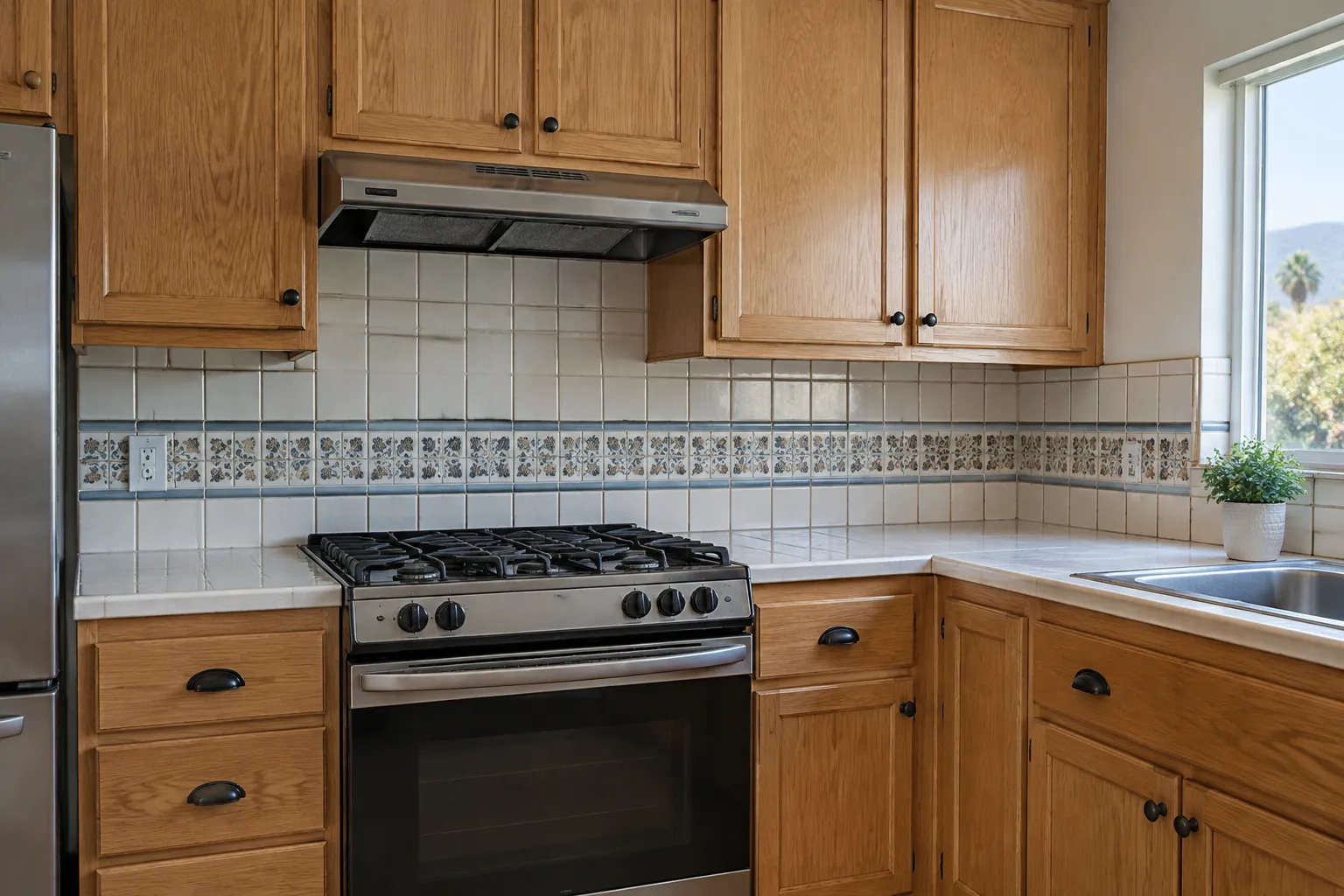 Eye-level wide view of an existing kitchen with white tiled backsplash, wood upper and lower cabinets, countertop, range, hood, sink, and refrigerator.