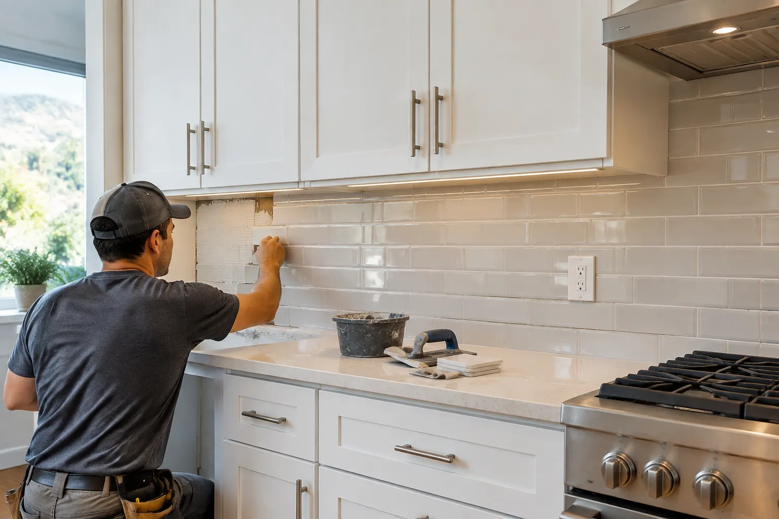 A worker makes a final adjustment to a glossy white subway-tile backsplash beneath white upper cabinets in a kitchen with a countertop, sink area, and gas range.