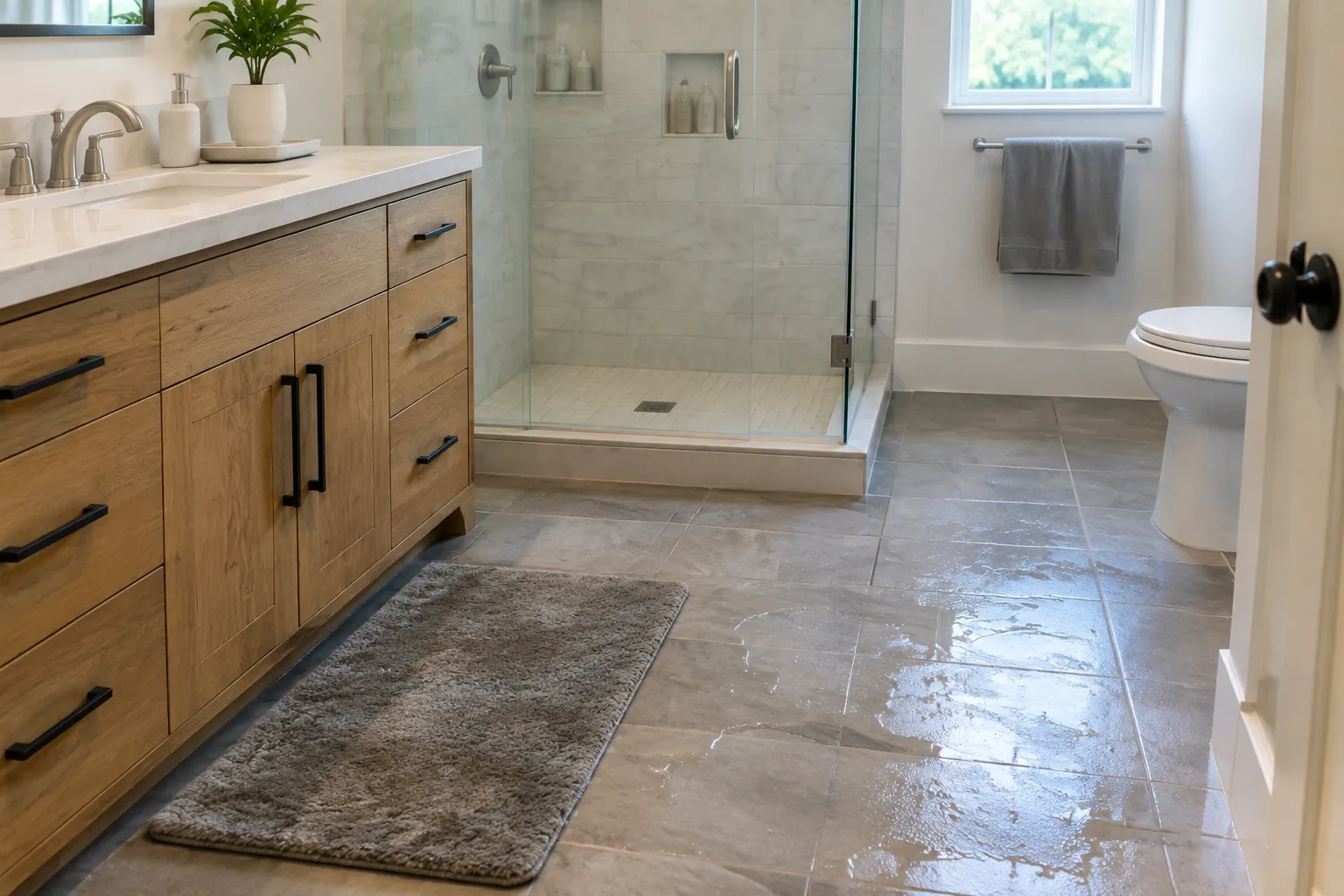 Eye-level wide view of a tiled bathroom with a glass-enclosed shower and drain, vanity, toilet, rug, and visibly wet reflective flooring extending across the dry area toward the doorway.