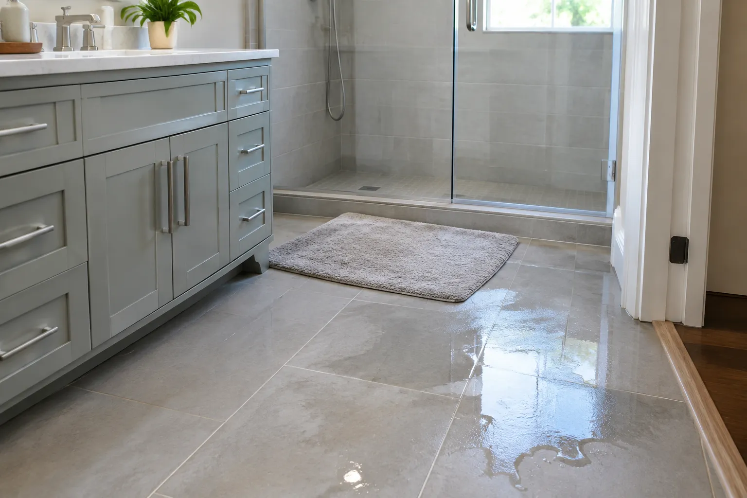 Finished bathroom with a gray vanity, glass-enclosed shower, tiled floor, and visible puddles extending across the floor near the vanity and doorway.