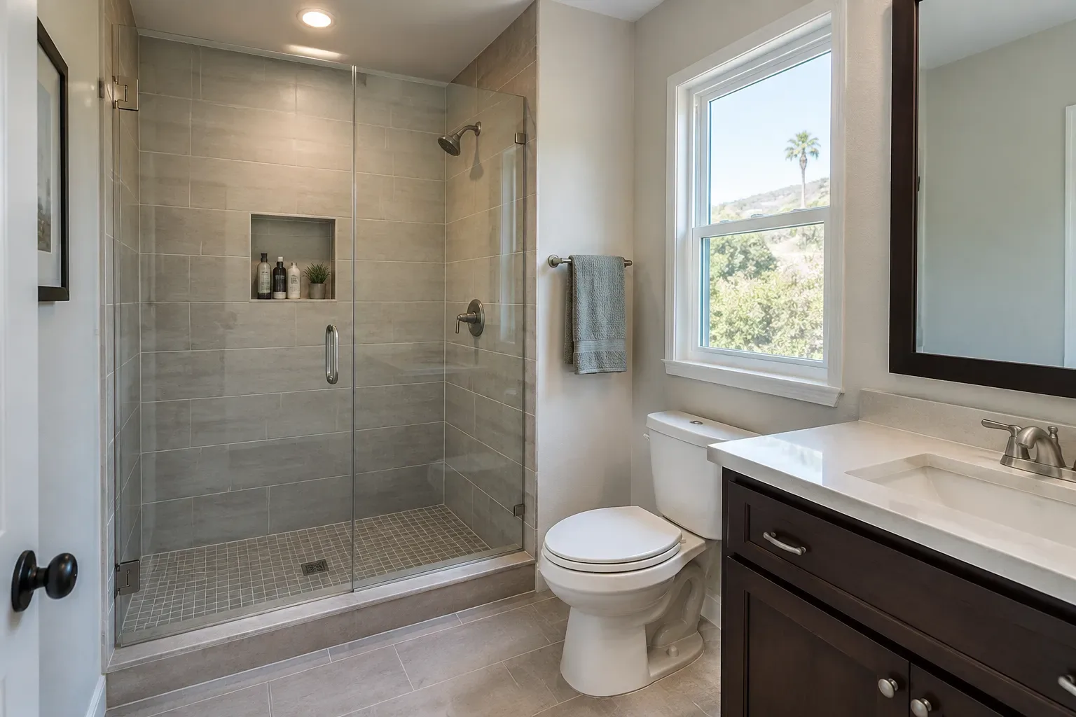 Eye-level wide view of an existing bathroom with a glass-enclosed tiled shower, wall niche, shower fixtures, floor drain area, toilet, window, and vanity.