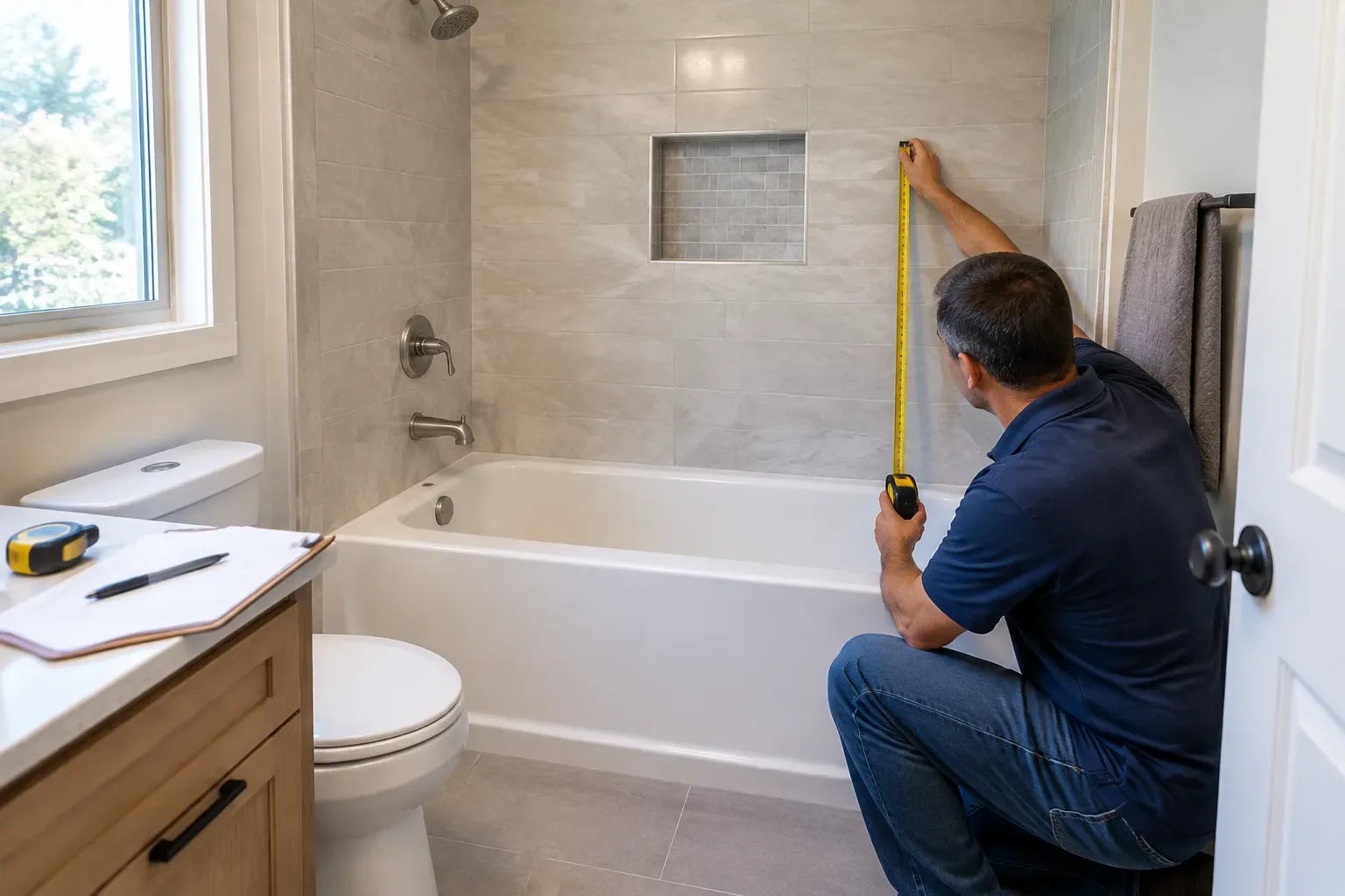 A tiled bathroom contains an installed white alcove bathtub with a showerhead, faucet, wall niche, and toilet; a contractor kneels beside it while measuring the finished tub area.