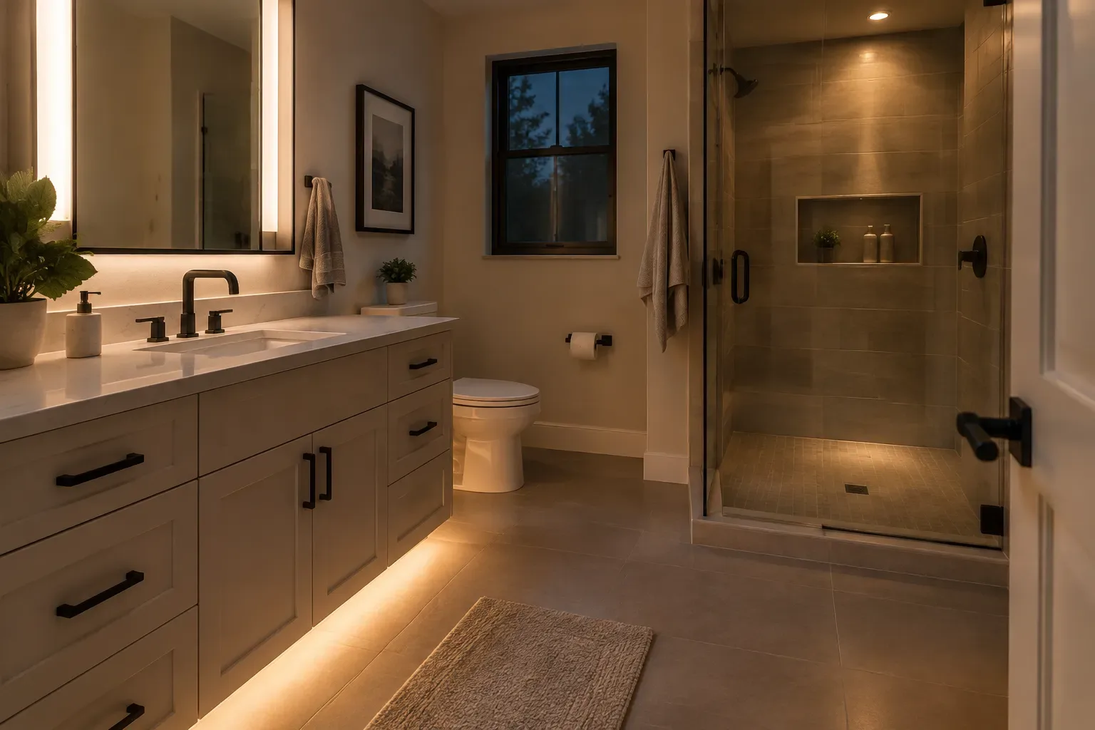 A finished bathroom at night with a floating vanity, illuminated mirror and countertop, warm under-vanity pathway lighting, a lit glass-enclosed shower, toilet, towel hooks, and a rug.