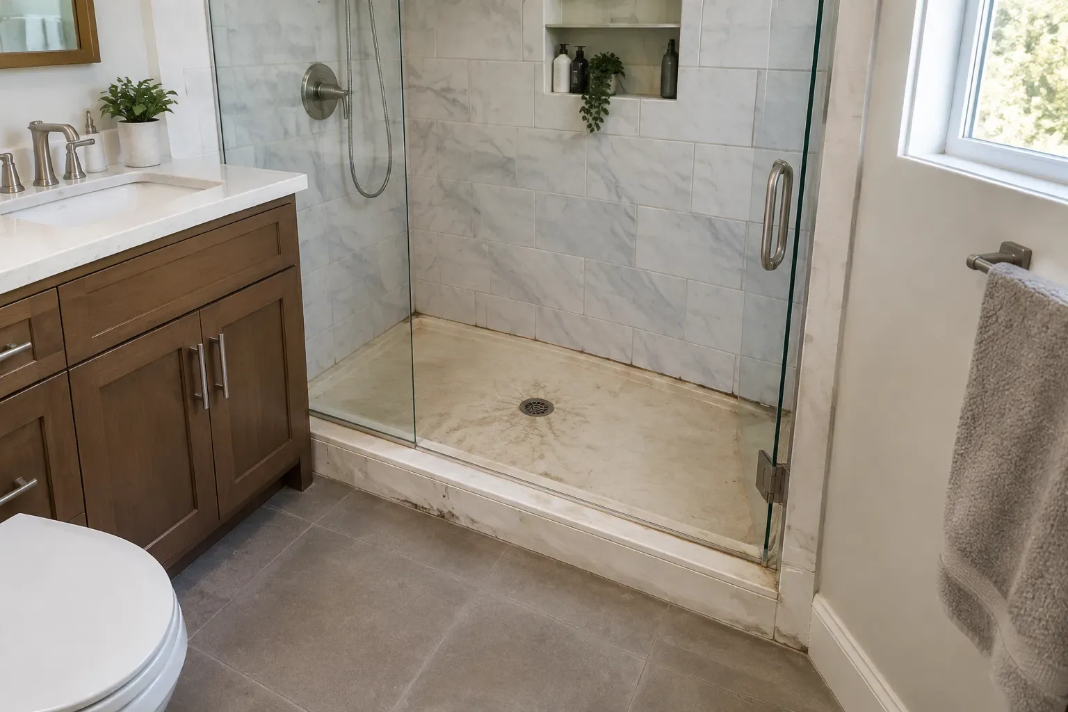Eye-level wide view of an existing finished bathroom with a glass-enclosed tiled shower, central floor drain, raised curb, wall controls, vanity, toilet, and towel rack.