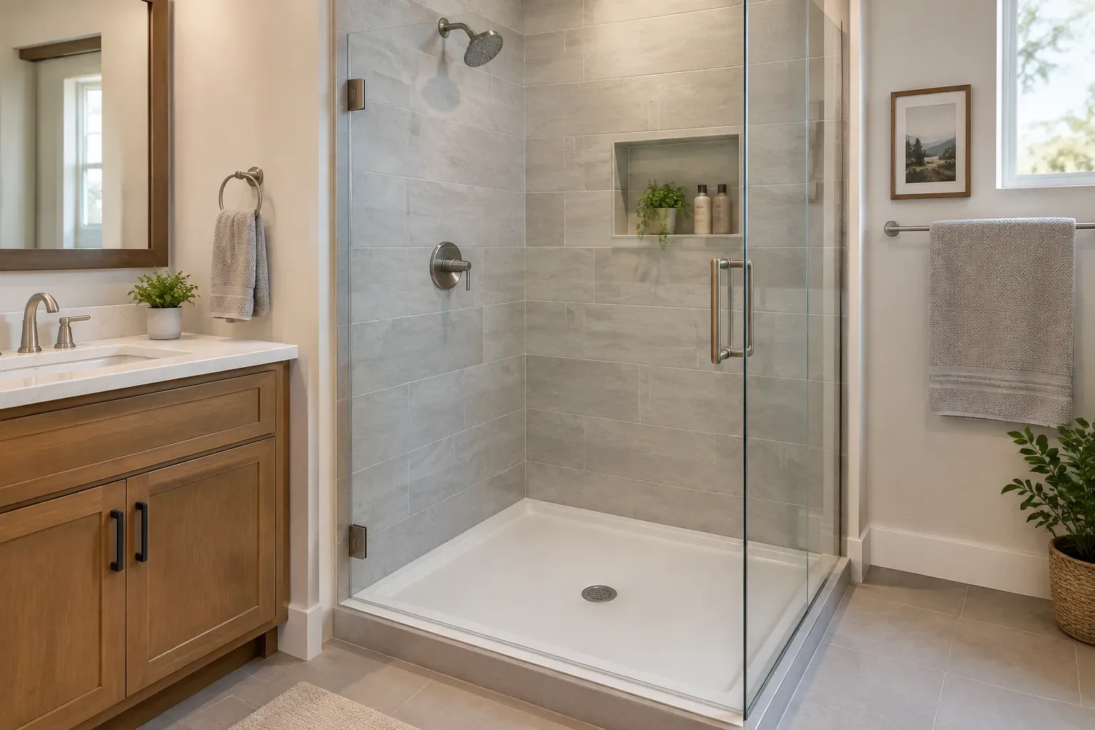 Finished bathroom with a white shower pan, centered drain, tiled shower walls, glass enclosure, vanity, and towel rack.