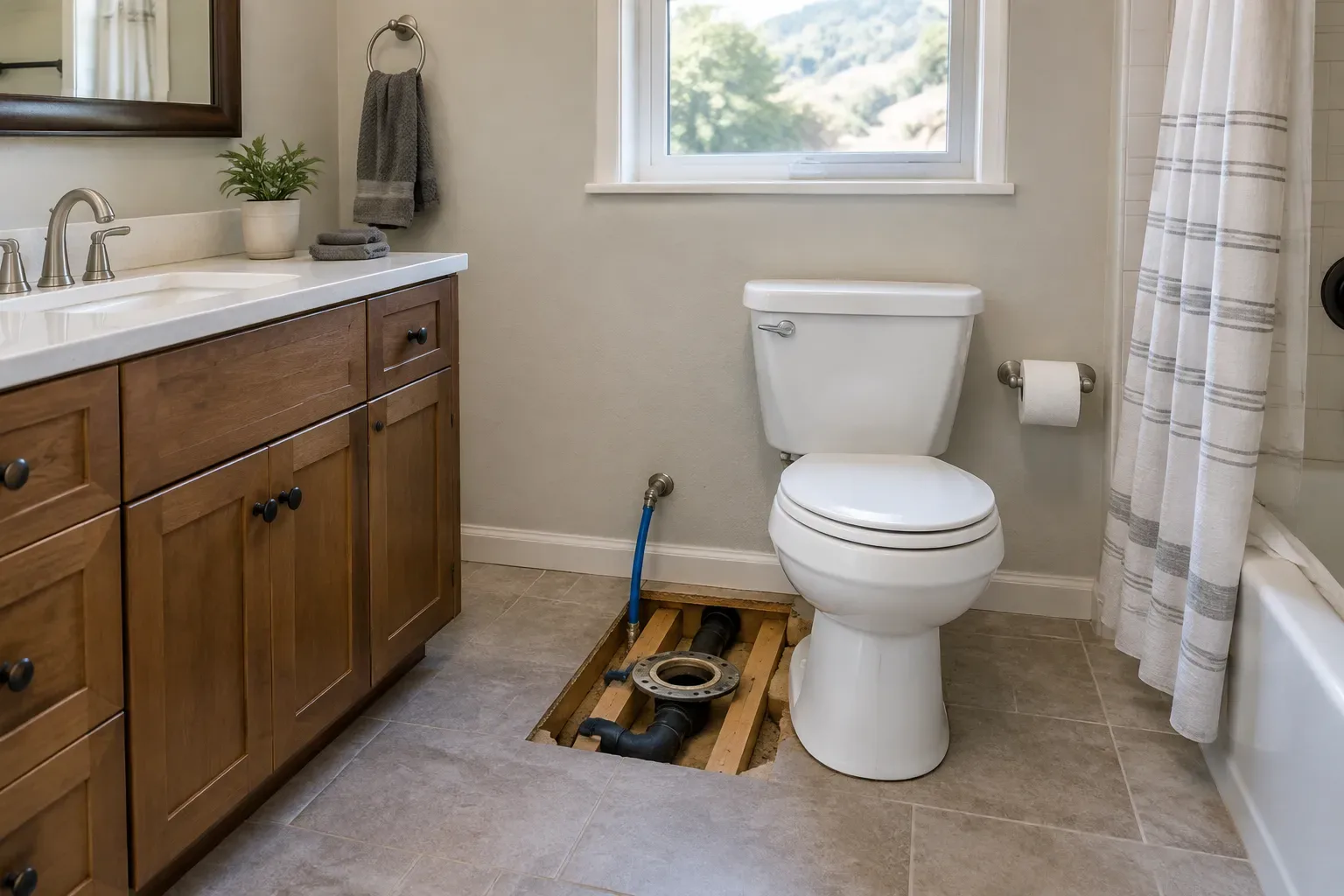 Eye-level wide view of an older bathroom with a toilet beside a rectangular section of opened floor exposing wood framing, a drain flange, and a blue water line. A vanity, bathtub, window, and surrounding tile remain visible.