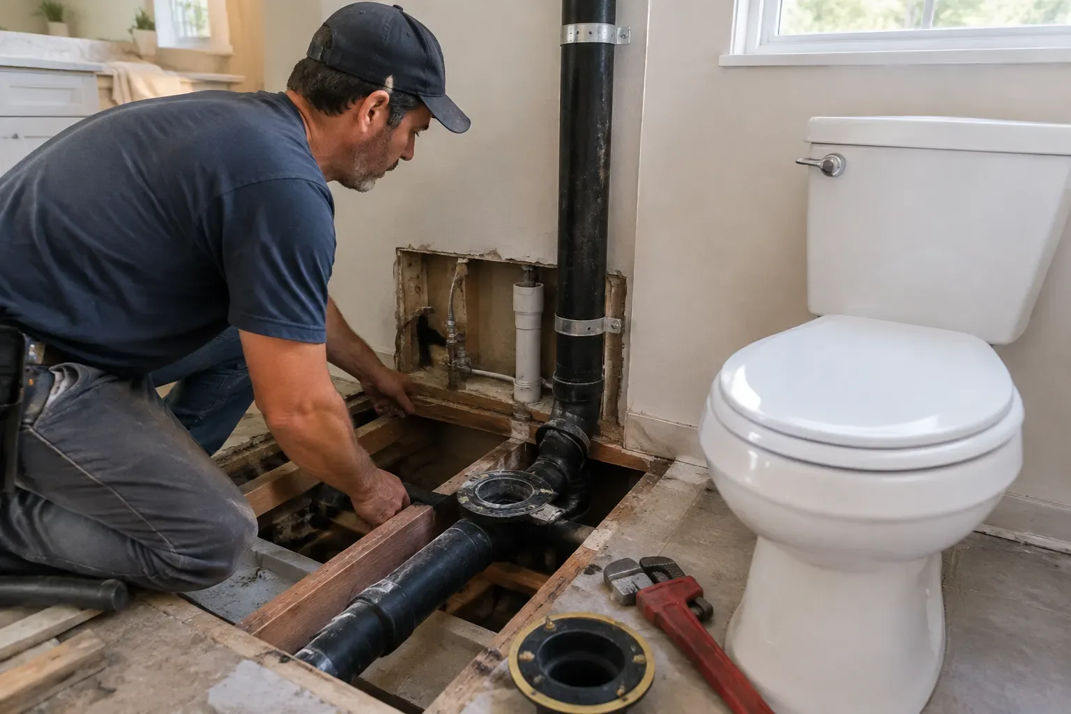 Contractor working beside an existing toilet with the floor opened to expose drain and vent piping, subfloor framing, and a toilet flange.
