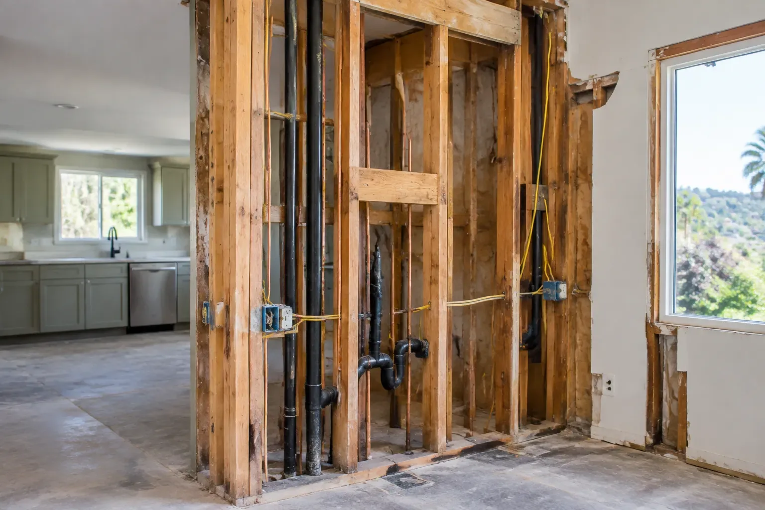 Eye-level view of a partially opened interior wall with exposed wood studs, black plumbing pipes, electrical boxes and wiring, and unfinished floor edges. A kitchen is visible in the adjacent room, and a window at right overlooks a hillside with palm