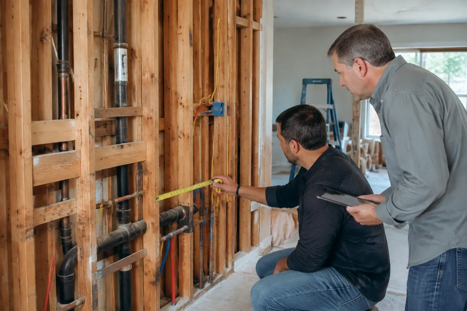 Two workers stand beside an opened interior wall with exposed wood framing and multiple plumbing pipes; one holds a tape measure and the other holds a tablet.